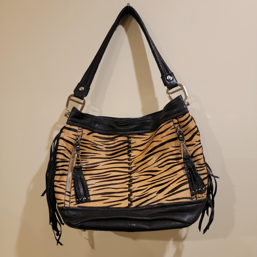 B. Makowsky Black and Tan Zebra Print Satchel